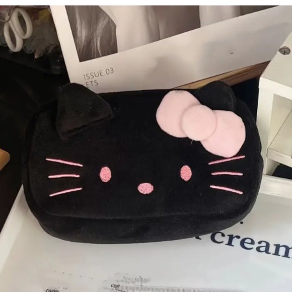 Sanrio Handbags - #359 Hello Kitty Velvety Soft Pencil / Makeup Bag Black & Pink